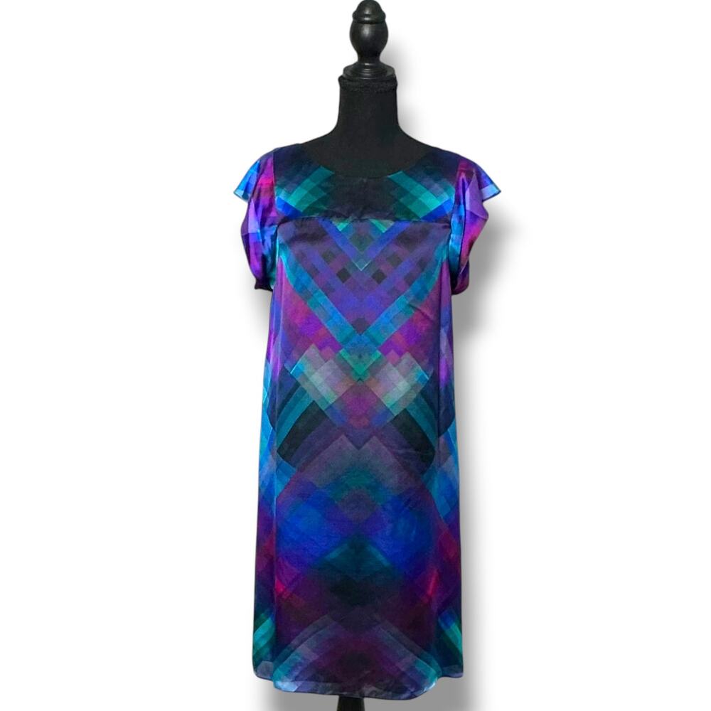 Armani Collezioni Silk Y2K Glitch Geometric Shift Dress Purple Blue IT 42 US 6